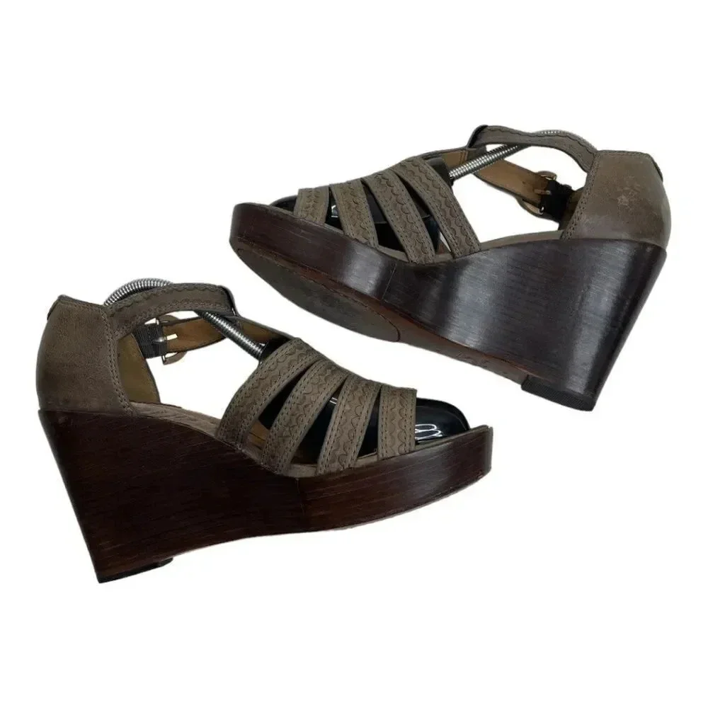 Anthropologie Trask Saydee Leather Wedge Sandals Taupe Brown Ankle Strap 9